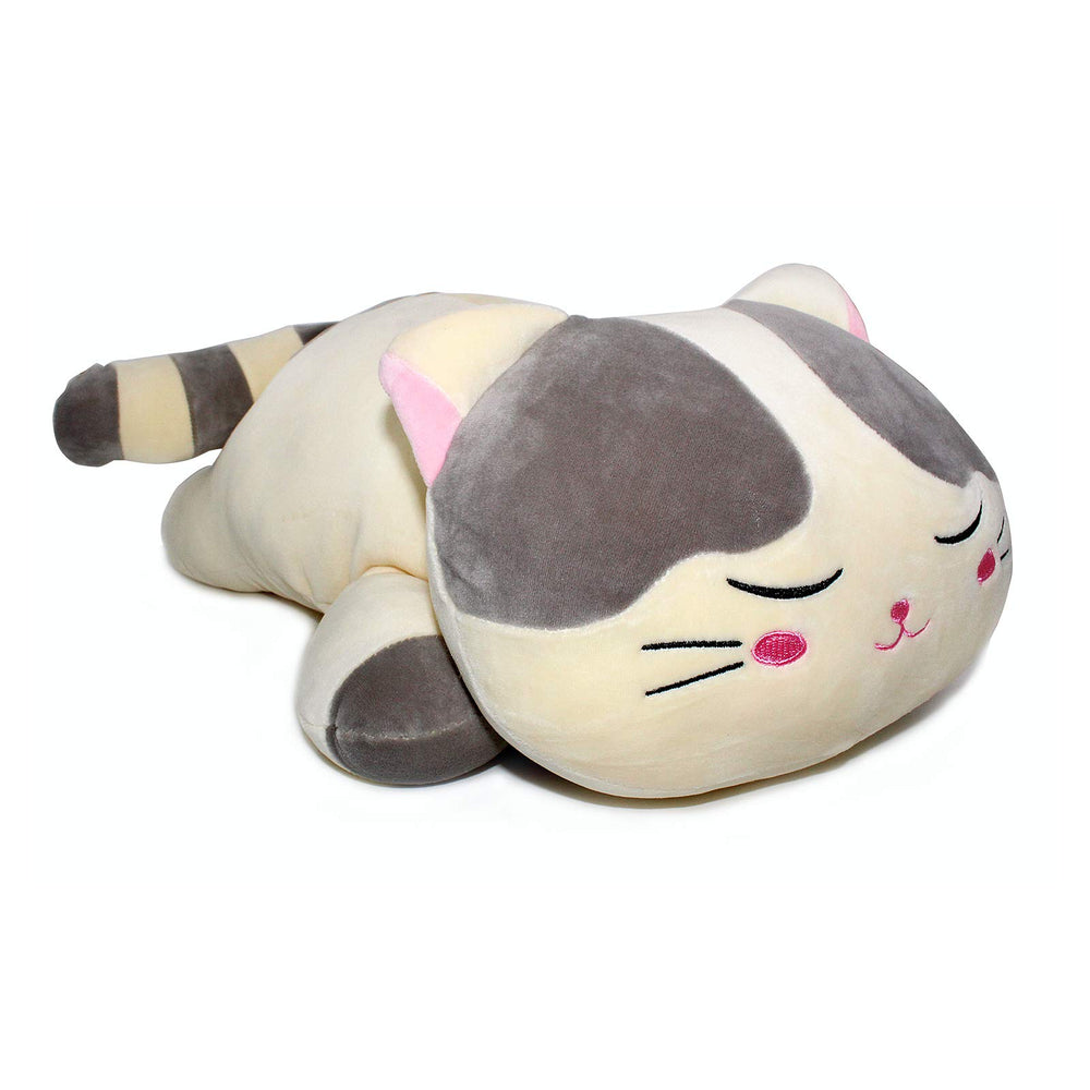 Vintoys Cat Hugging Pillow gray side view, desk or couch lounging.