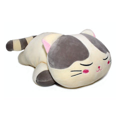 Vintoys Cat Hugging Pillow gray side view, desk or couch lounging.