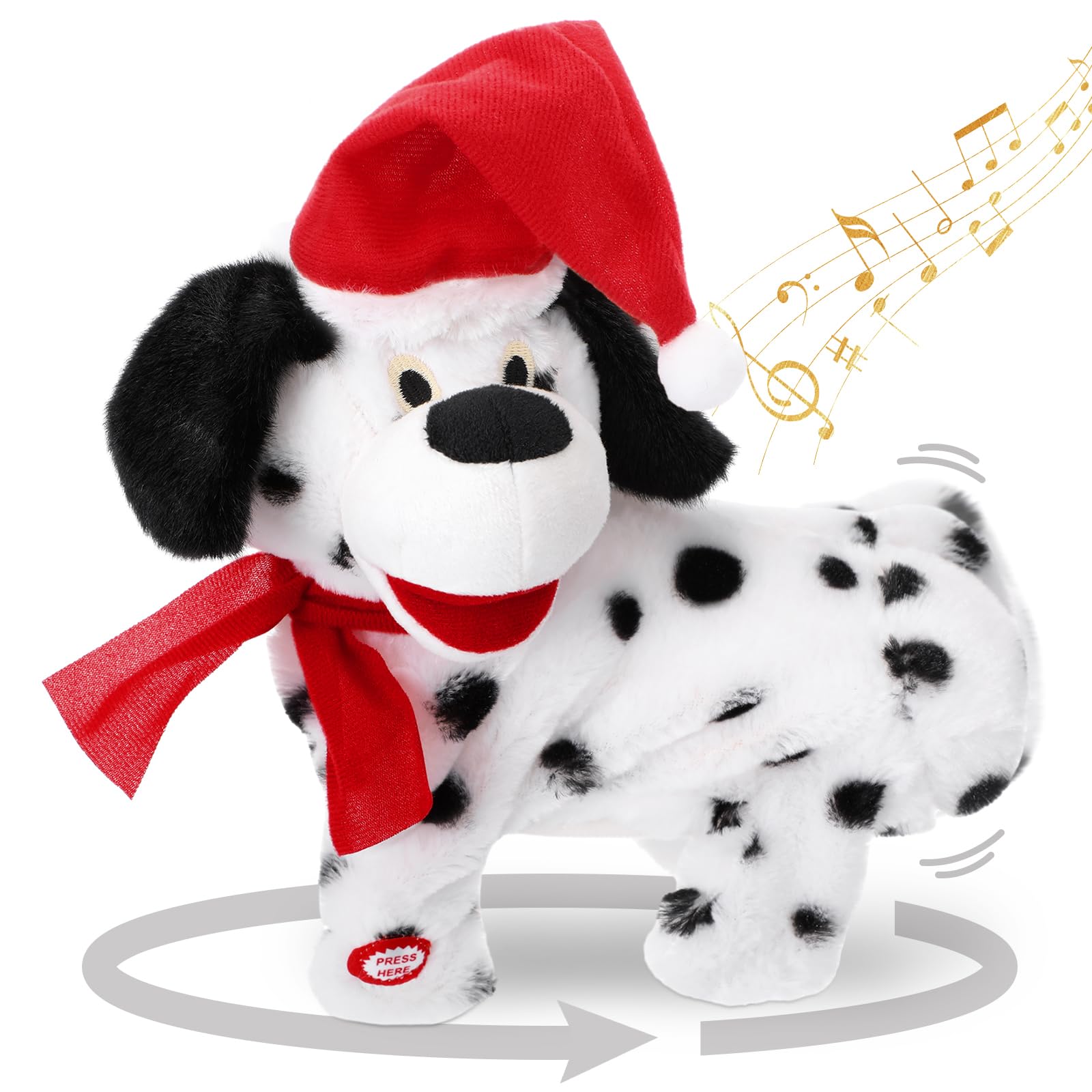 VioraWhite singing dog Christmas toy in festive colors with interactive features.