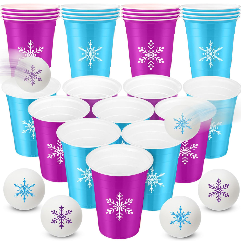 VioraWhite snowflake cups in blue and purple with 16 oz capacity, perfect for festive party games.