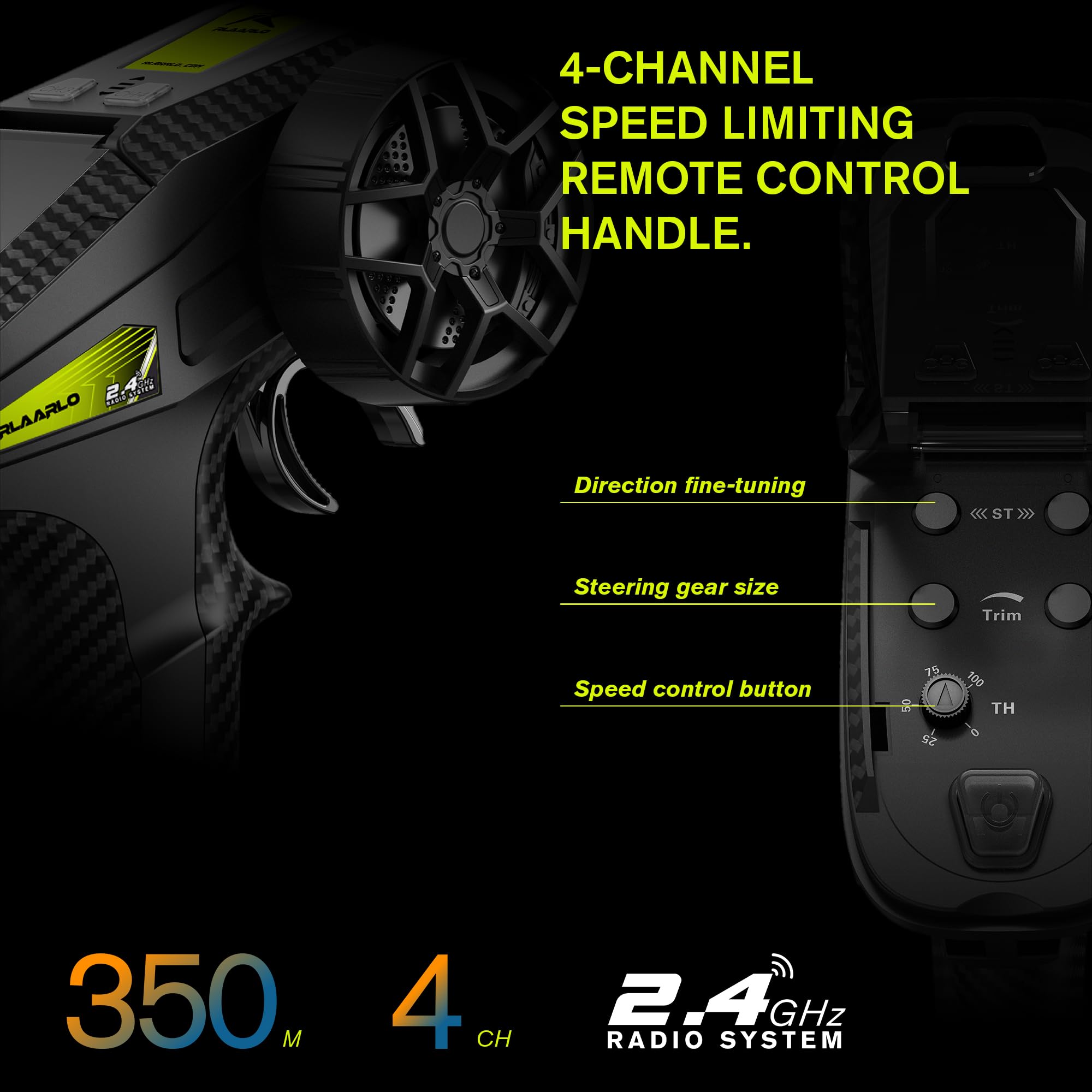 VIRCAS brushless RC car all-metal hydraulic shocks close-up for stability.
