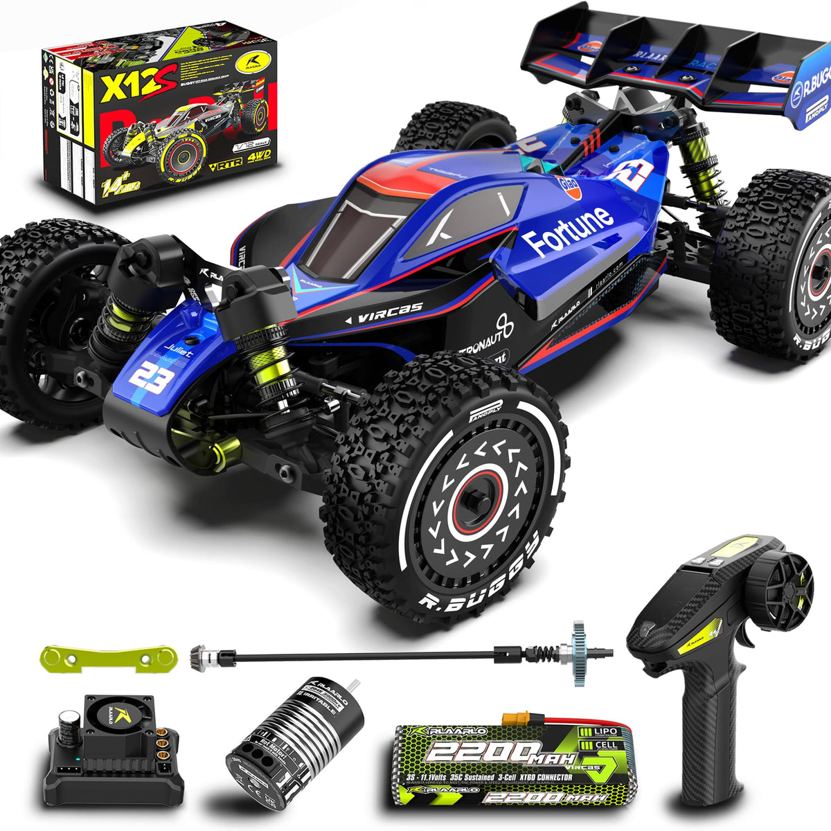 VIRCAS brushless RC car front view, showing aggressive styling and speed potential.