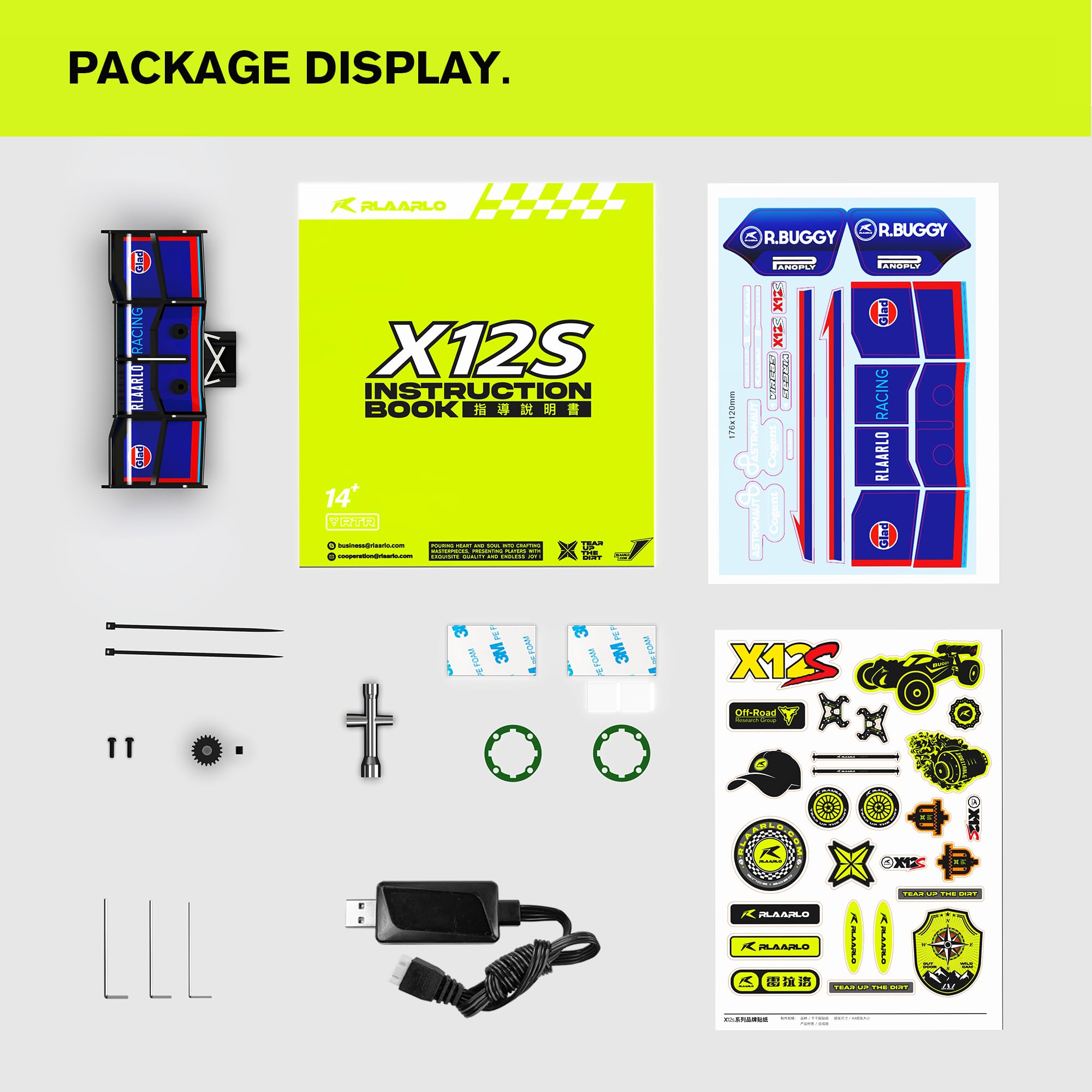 VIRCAS brushless RC car packaging and included tools for setup.