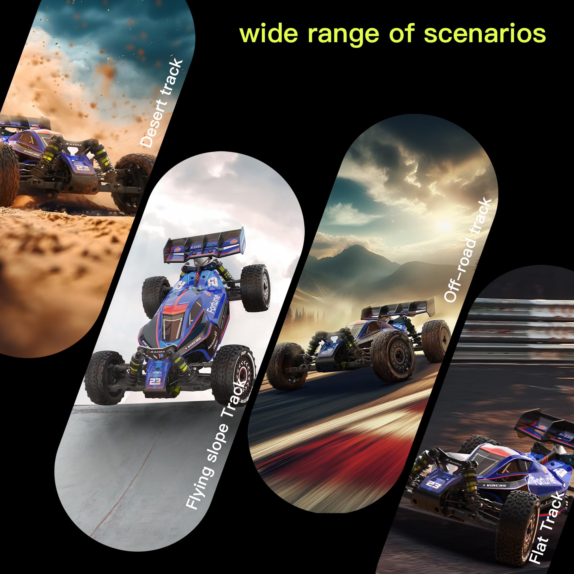 VIRCAS brushless RC car precision steering assembly close-up for control.