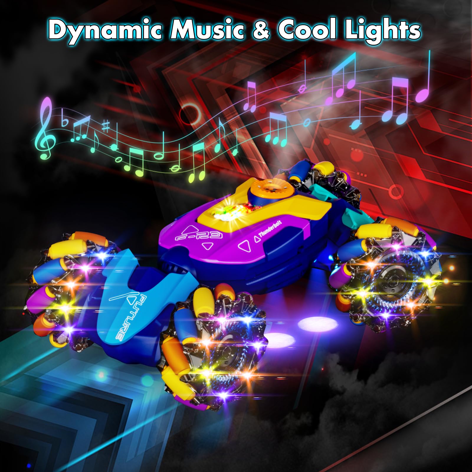 ViRockSign stunt car with vibrant lights and music for immersive performances.
