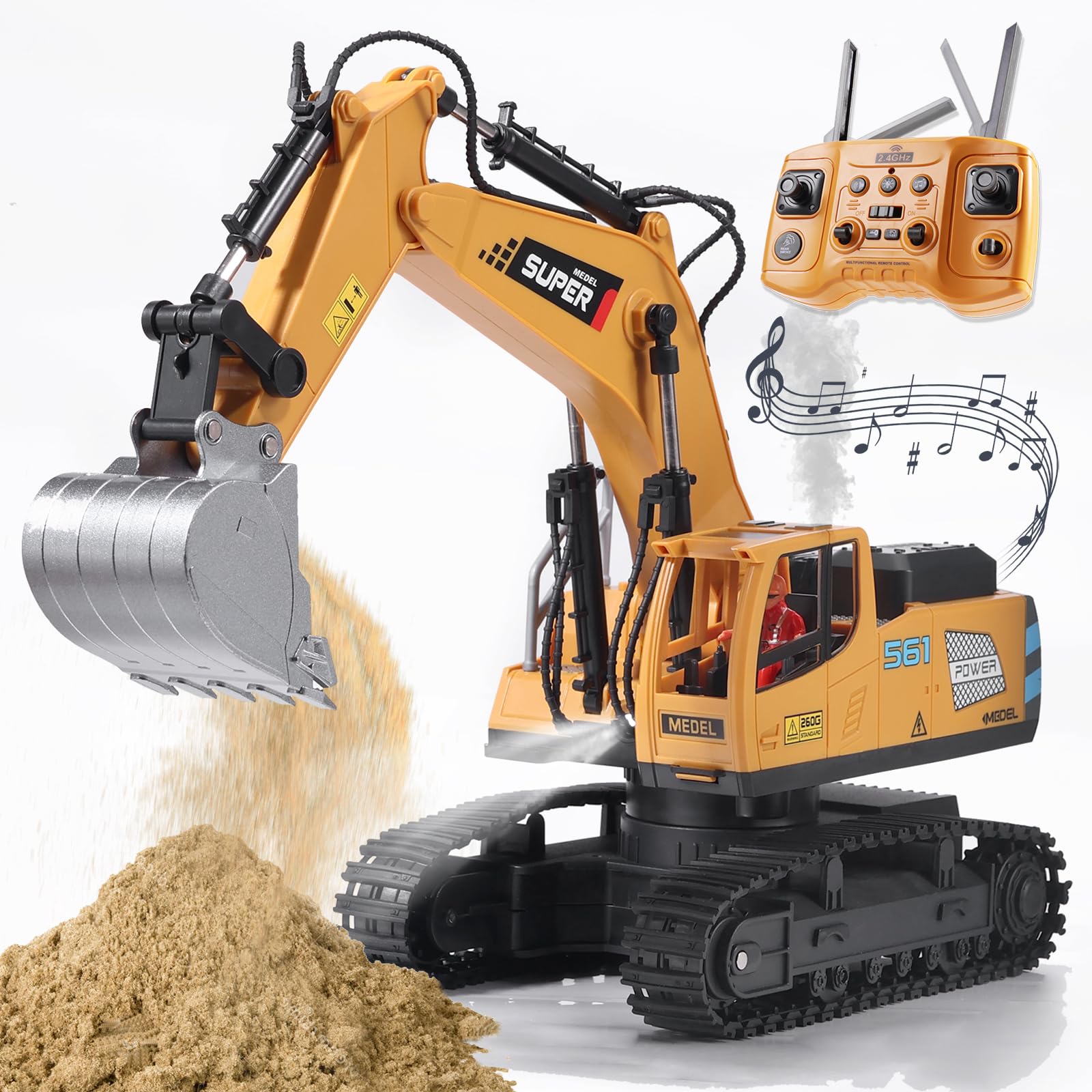 ViRockSign RC excavator with 16-channel control offering precise operation.