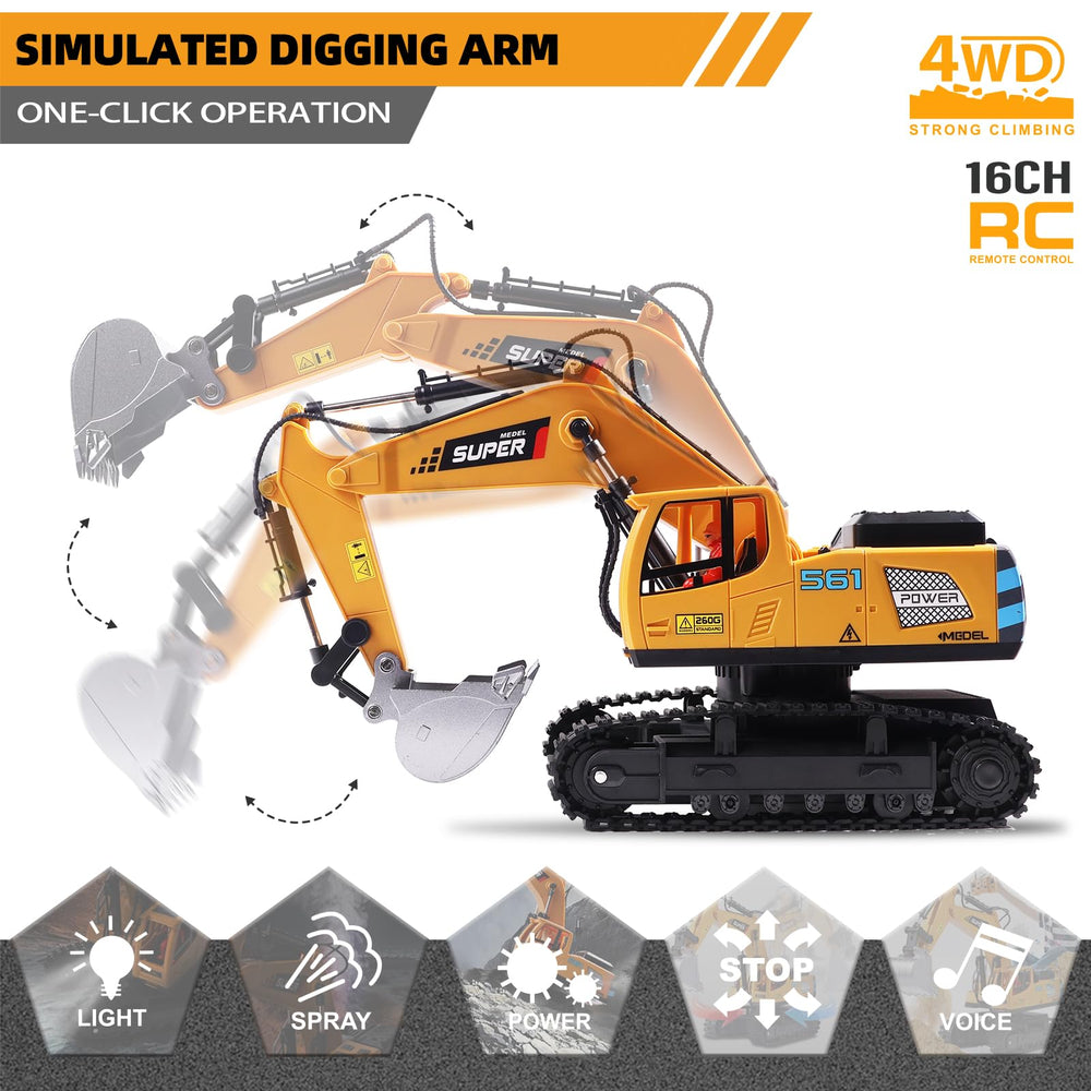 ViRockSign excavator arm rotates 680 degrees for realistic digging action.