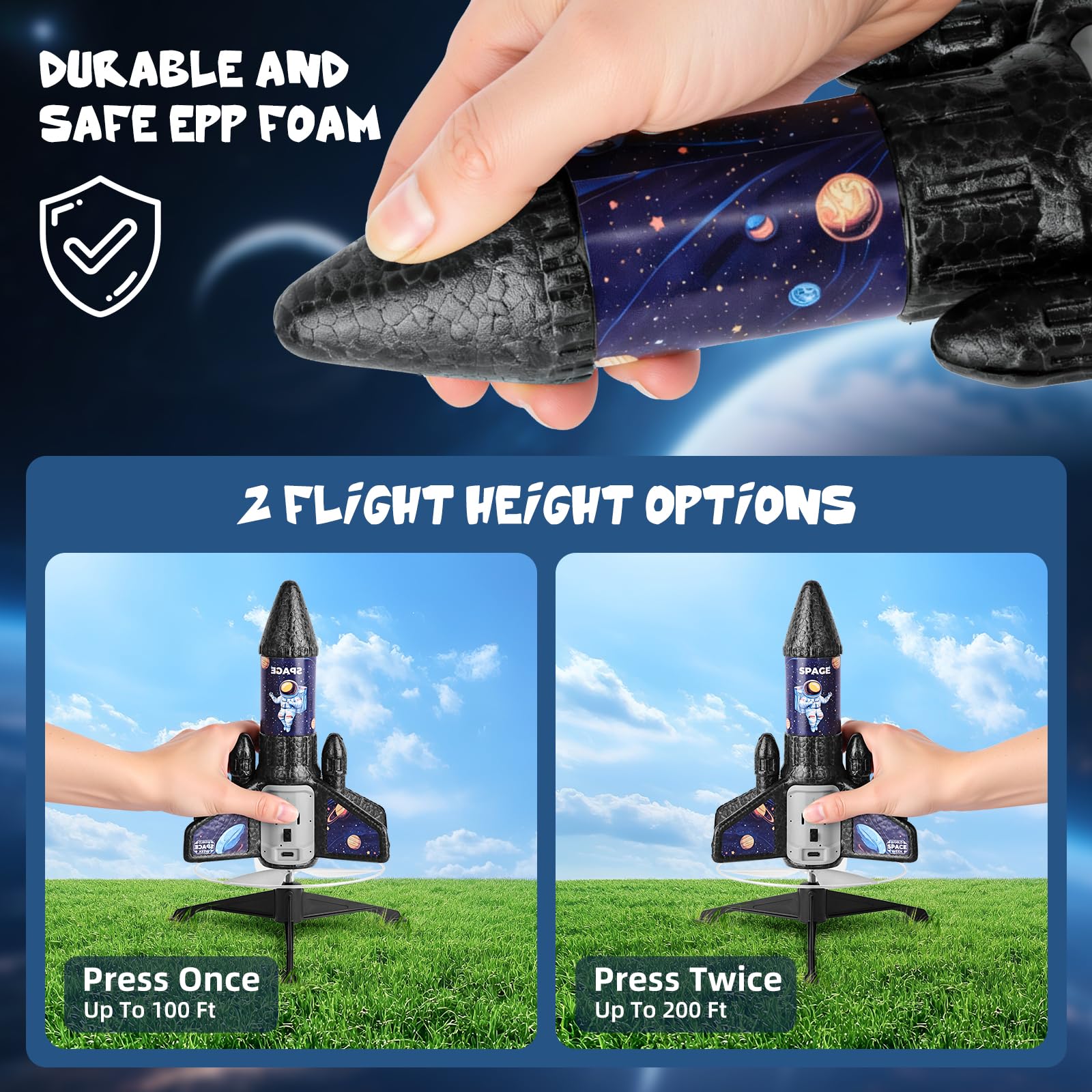 VisionX Rocket Launcher safe-landing design reduces impact with automatic deployment.
