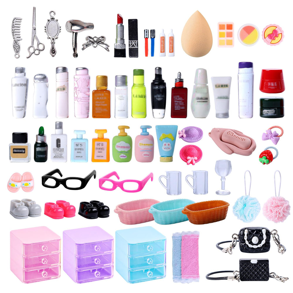 VITASY 76pcs dollhouse accessories on display for creative storytelling and realistic scenes.