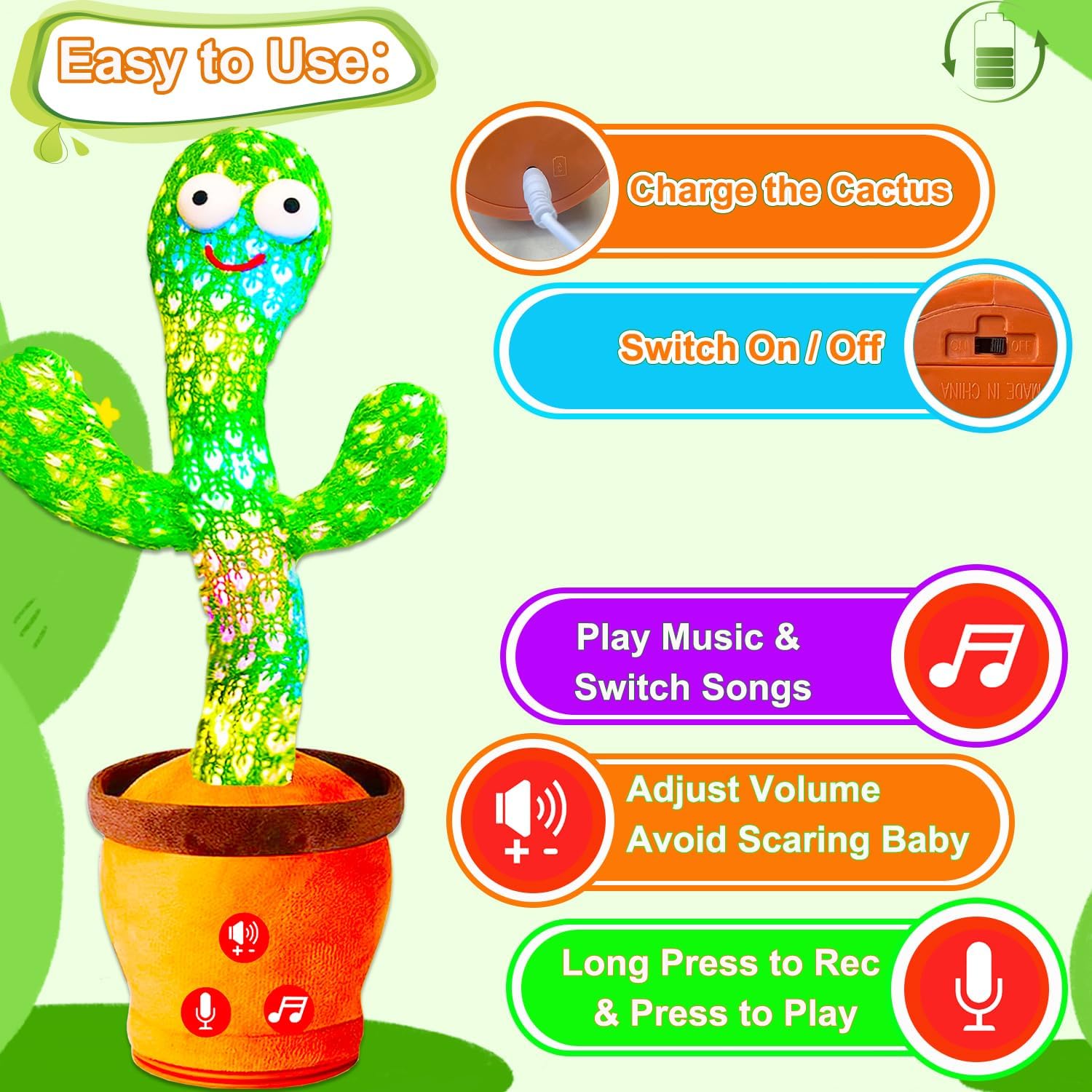 Vitosup auto-sleep cactus toy conserves battery when inactive for convenience