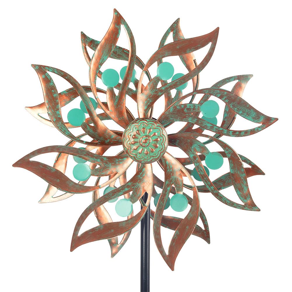 Viveta wind spinner in copper color adds a striking garden focal point