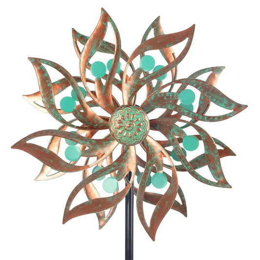 Viveta wind spinner in copper color adds a striking garden focal point