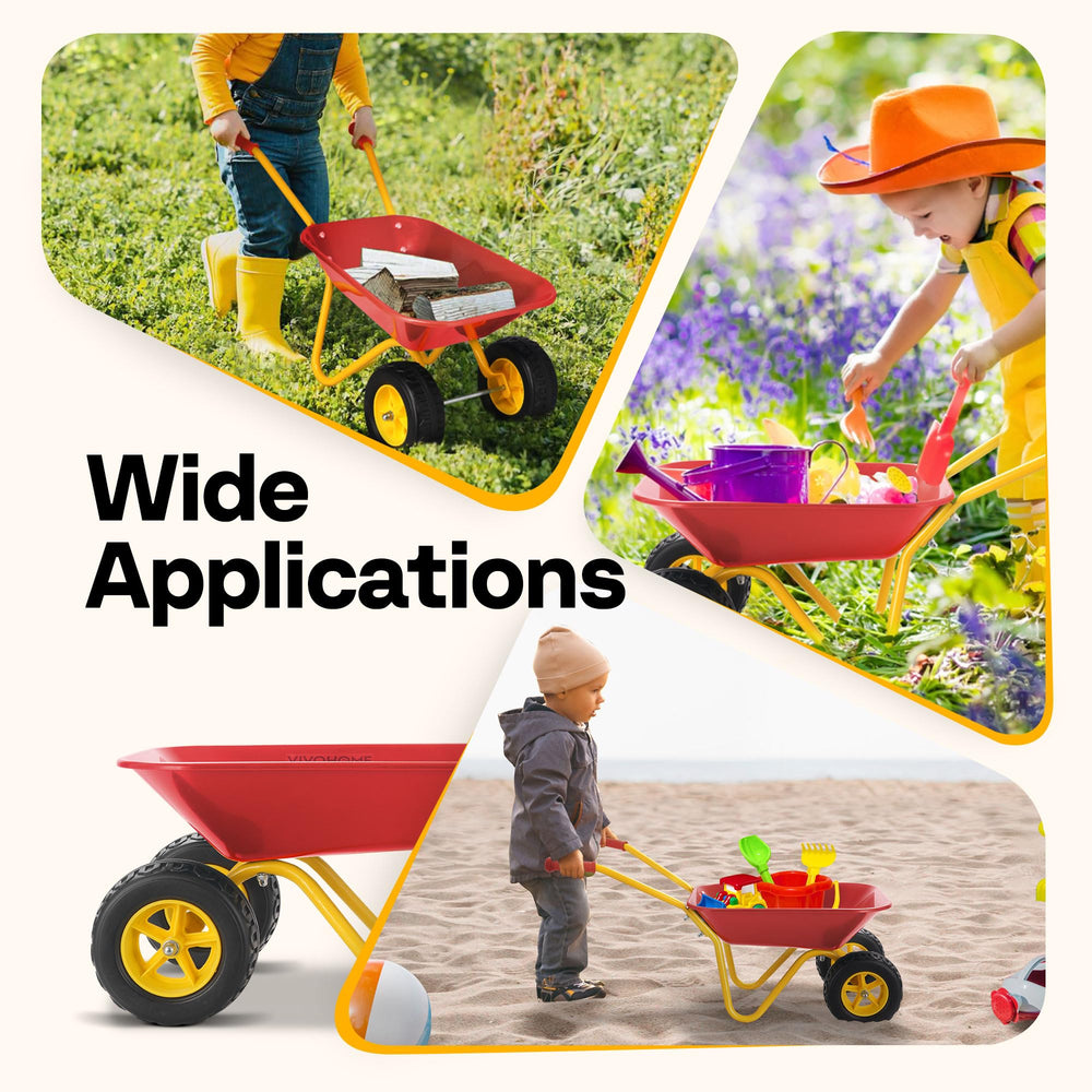 VIVOHOME wheelbarrow with all-terrain wheels glides across grass and sand.