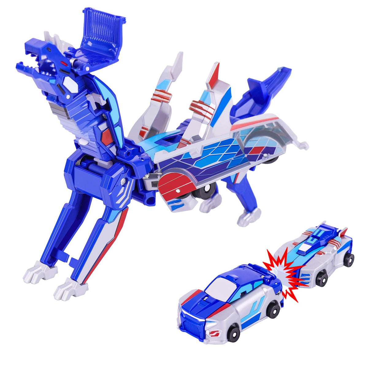 Vixiwi collision transforming dinosaur car toy, blue front view, inspires imaginative play.