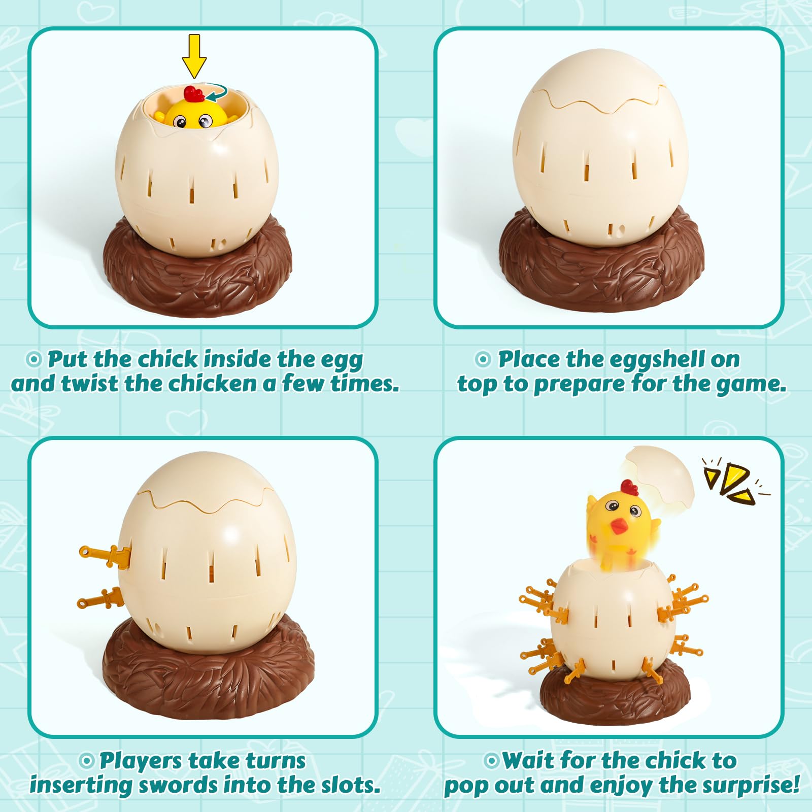 VIZIKN Pop Up Chick board game sword-in-egg action boosts anticipation.