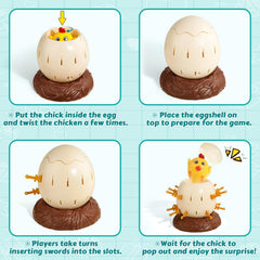 VIZIKN Pop Up Chick board game sword-in-egg action boosts anticipation.