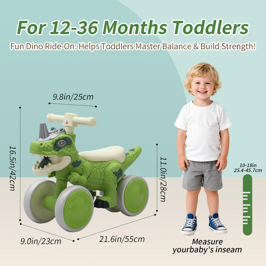 VIZZTY Dinosaur balance bike roars and plays music during riding sessions.