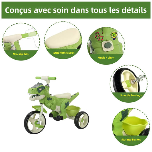 VIZZTY Dinosaur Tricycle green side view with sturdy wheels for outdoor use.