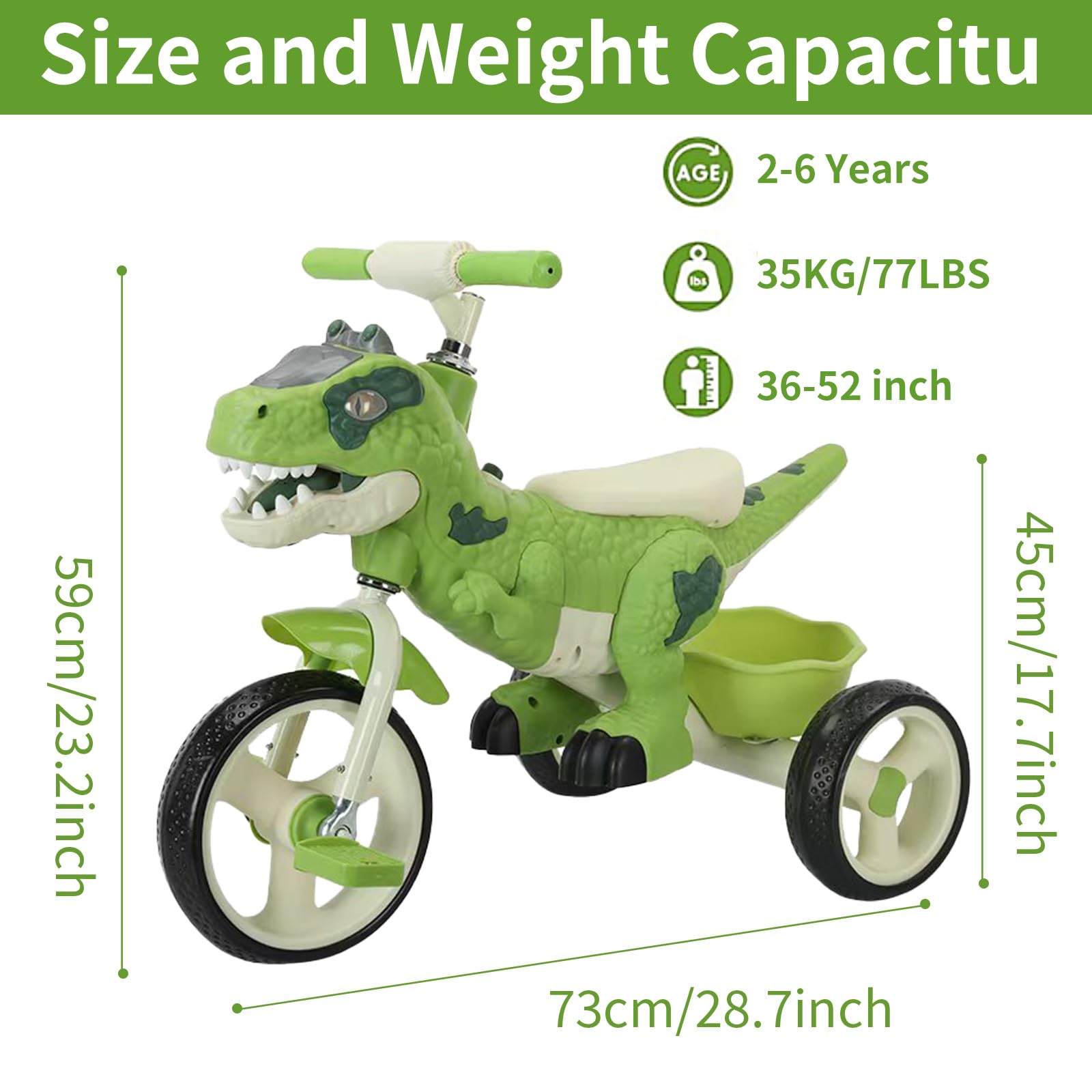 VIZZTY Dinosaur Tricycle showing music and lighting features during a ride.