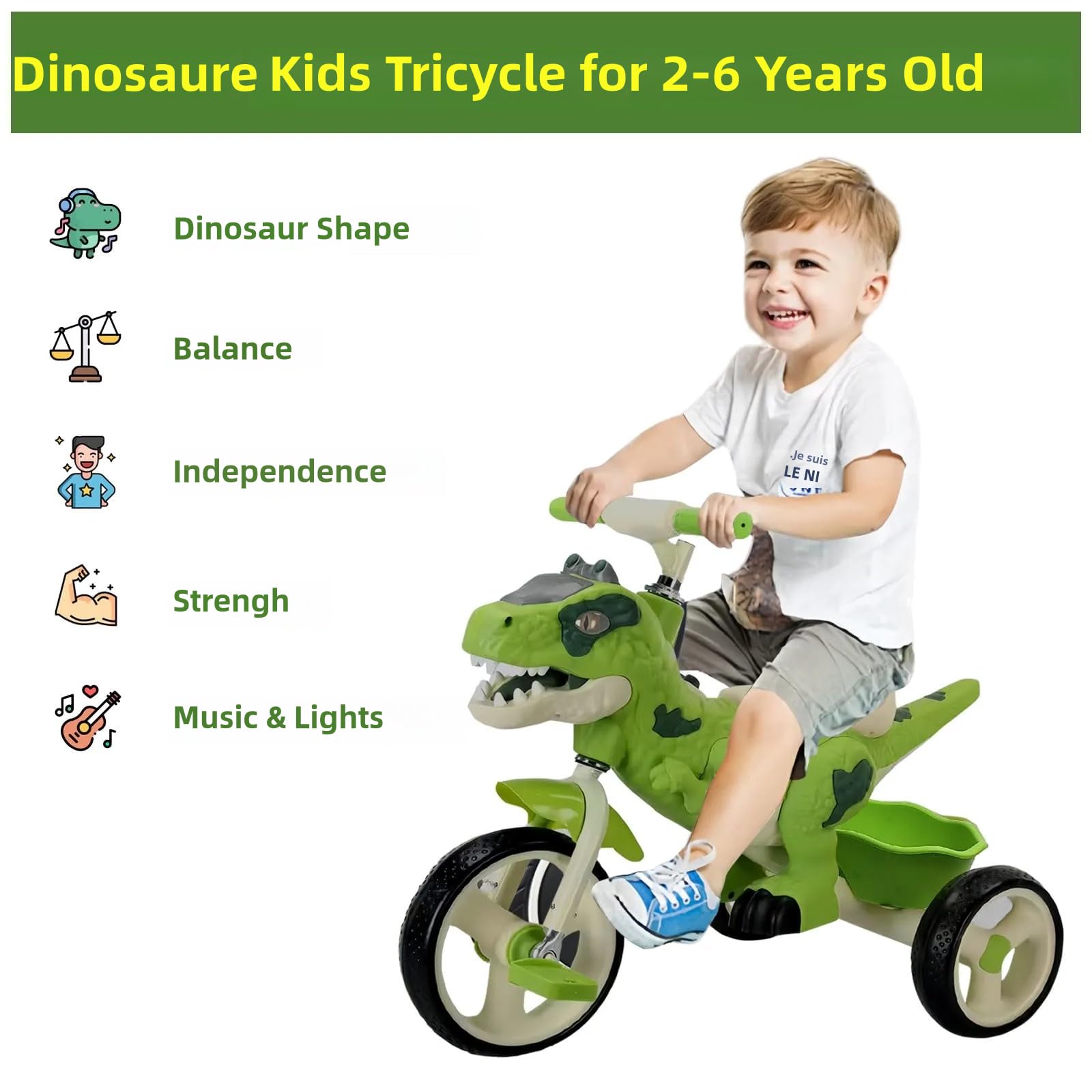 VIZZTY Dinosaur Tricycle storage basket for tiny treasures during play.