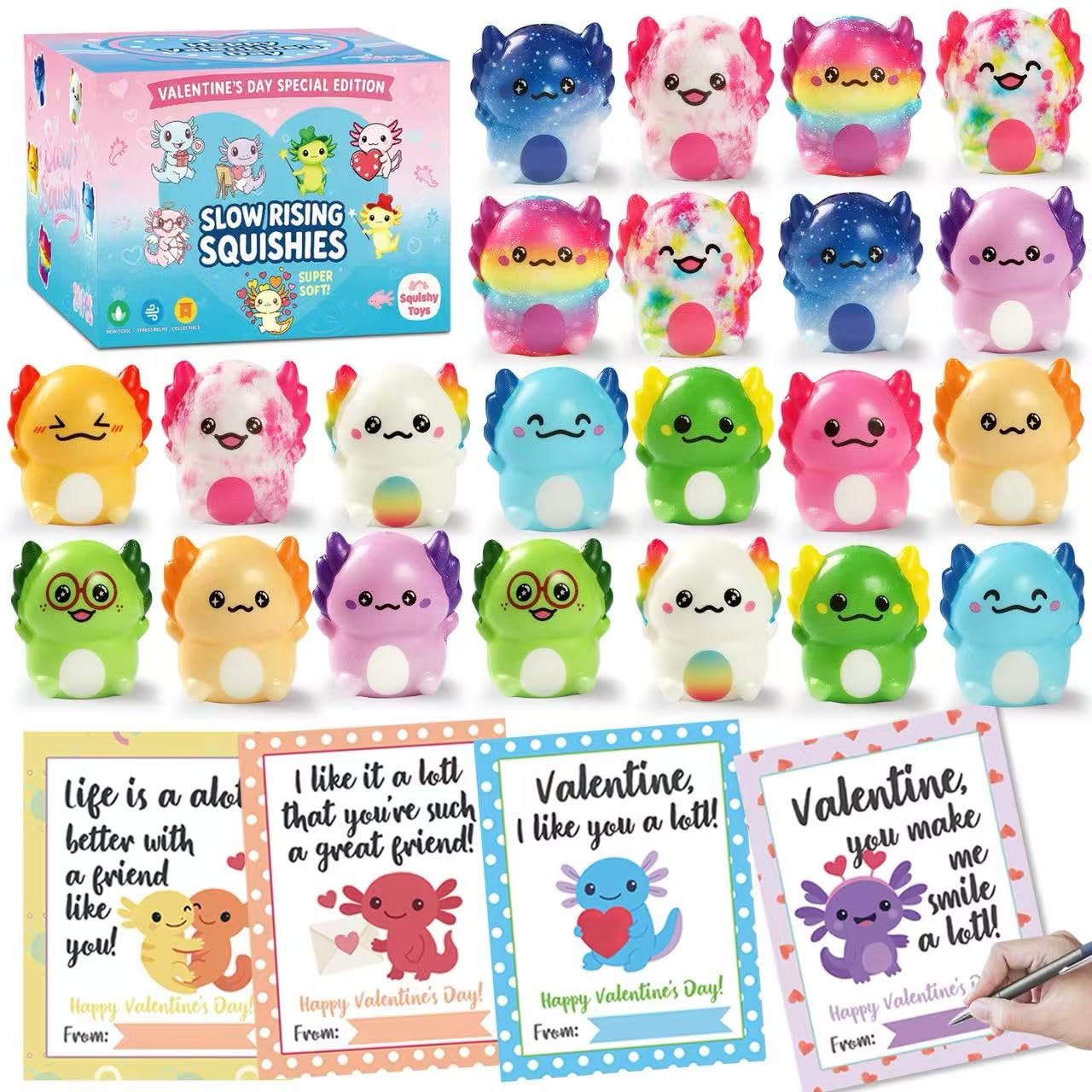 Vkovnis Valentines axolotl squishies 24-pack for classroom exchanges and gift bags.
