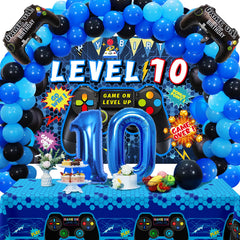 Vlipoeasn 10th birthday backdrop in blue and black, perfect for a gamer-themed party wall decor