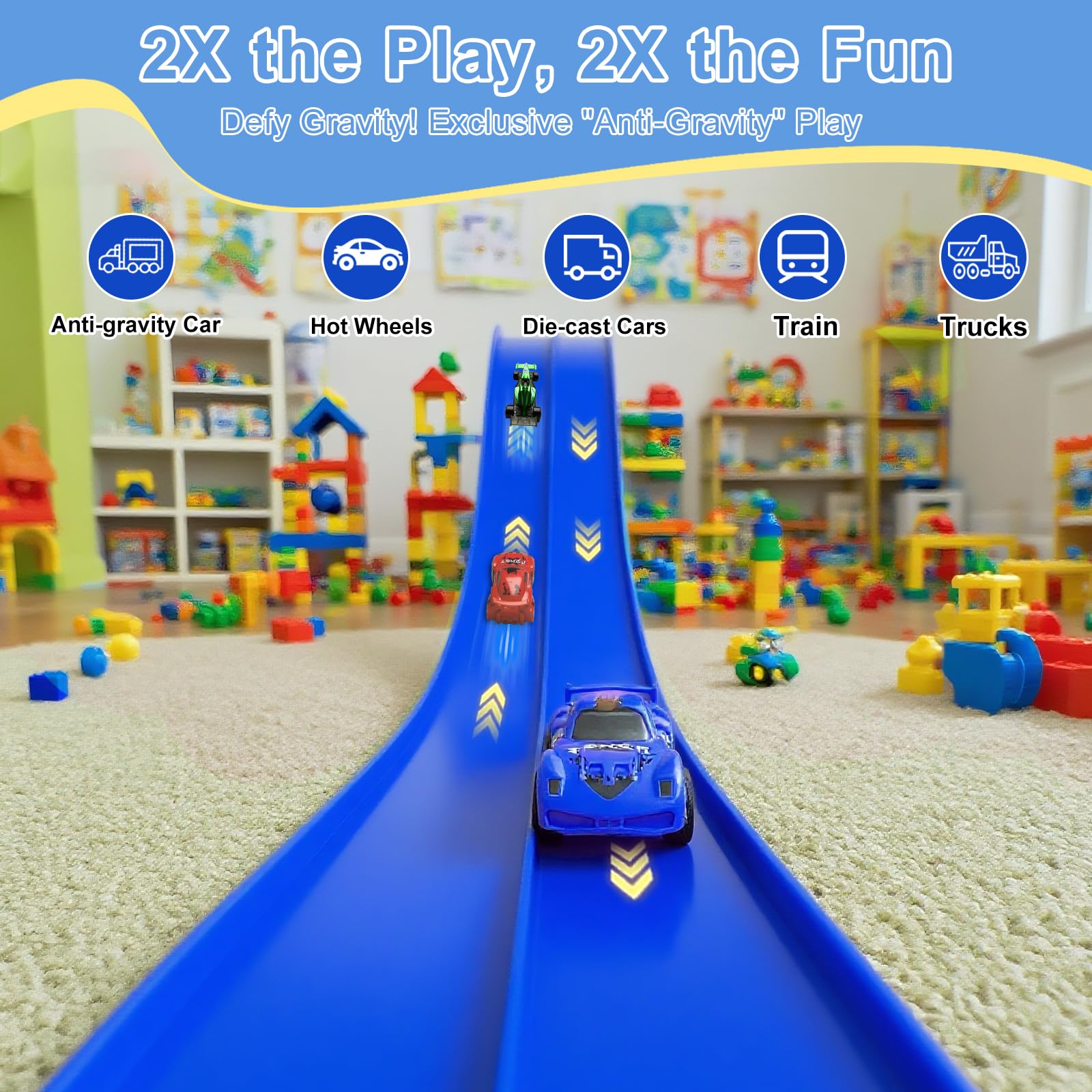 Vlkslasy anti-gravity car track shows upward climbs for hands-on fun.