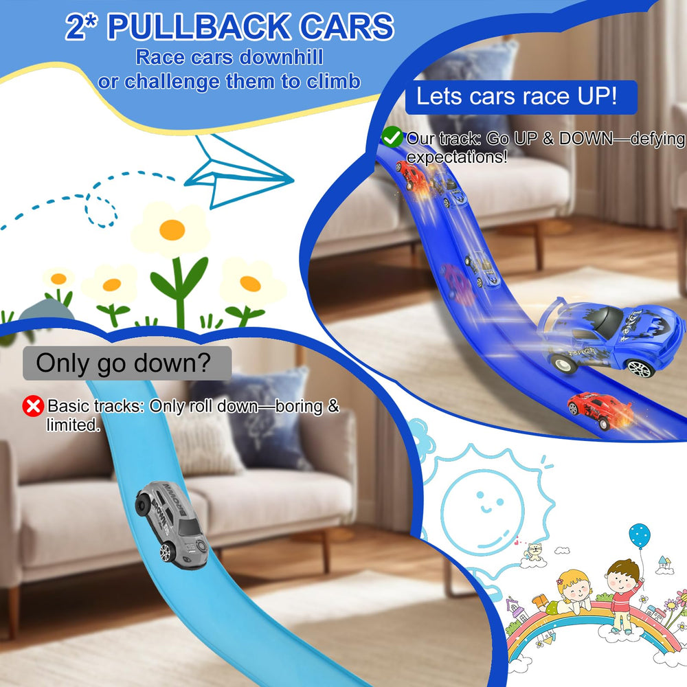 Vlkslasy dark blue race track inspires action-packed play at home.