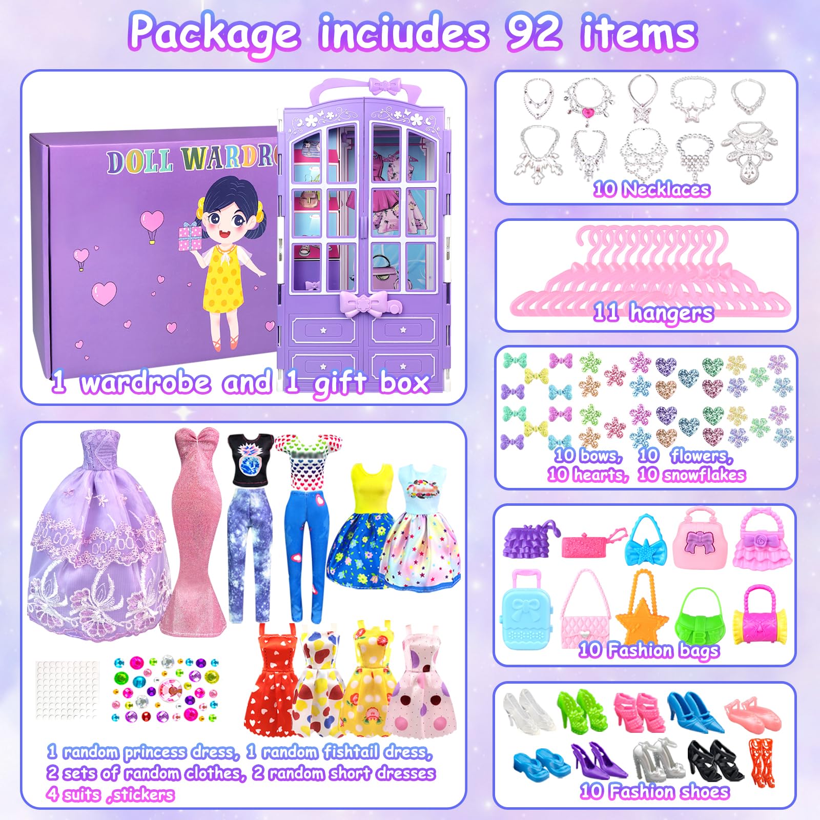 VLUSSO doll accessories set includes shoes and bags for styling