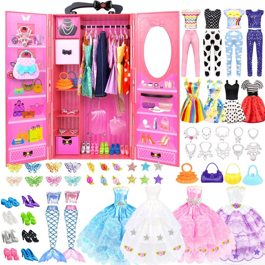 VLUSSO doll closet setup with organized storage and a focus on dress-up play