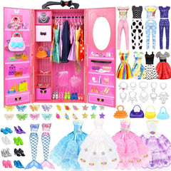 VLUSSO doll closet setup with organized storage and a focus on dress-up play