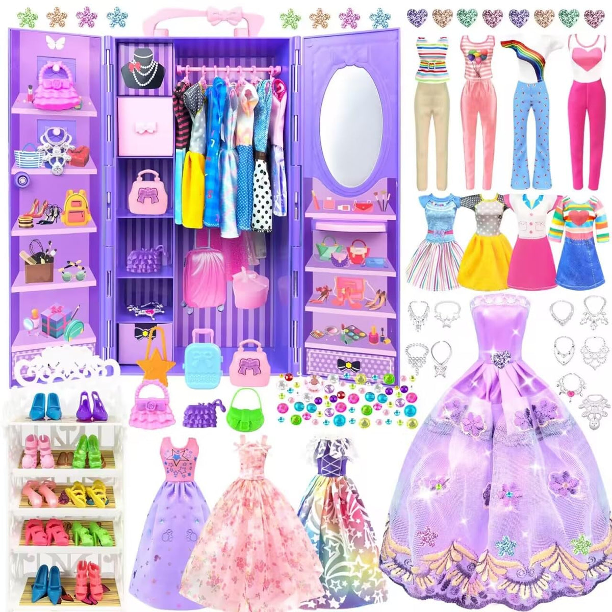 VLUSSO doll closet with outfits for 11.5-inch dolls and drawers