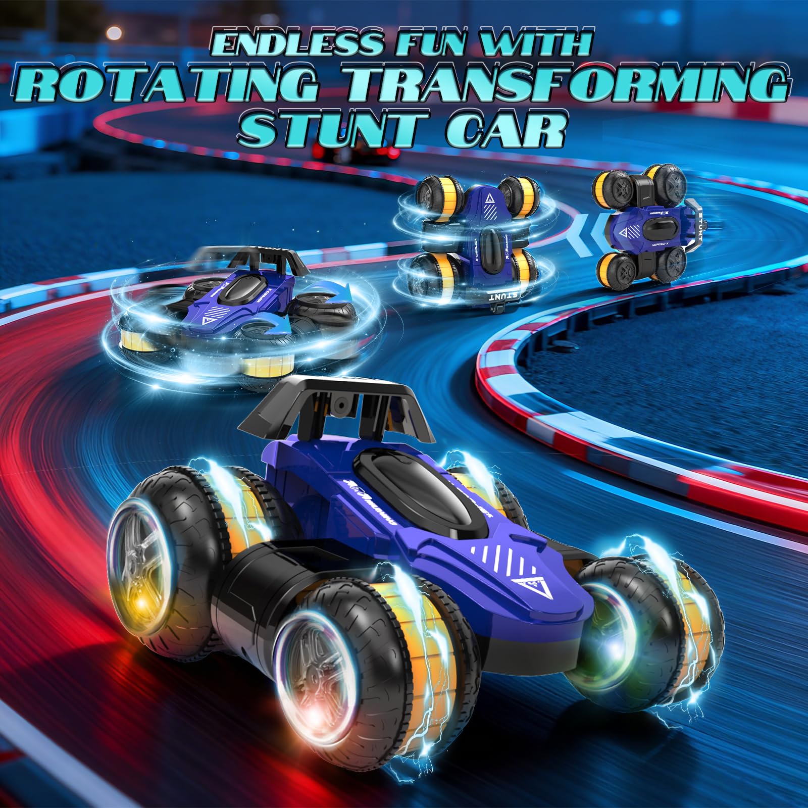 Vmiya blue RC car drifts sideways for dynamic playtime
