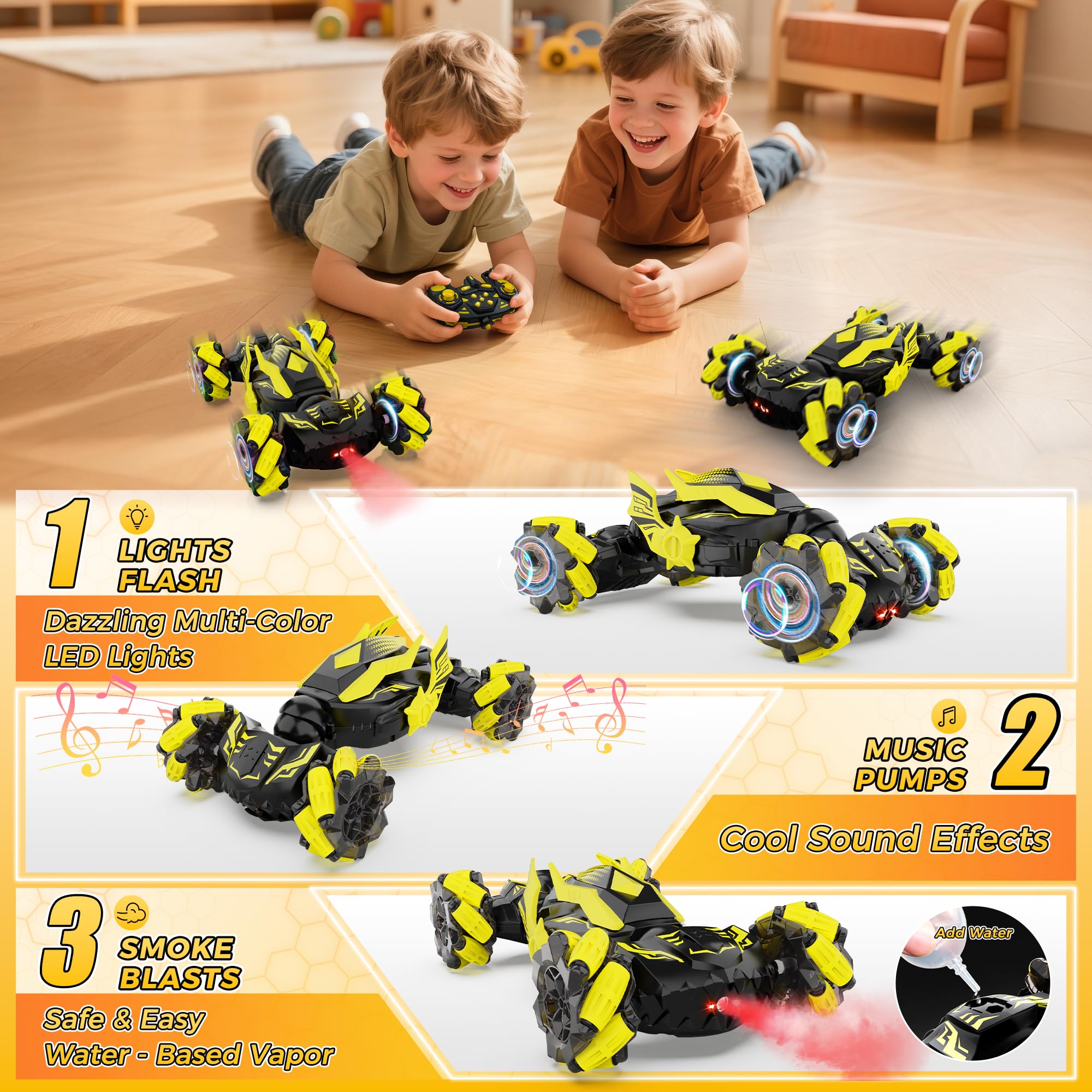 Vmiya Gesture RC Stunt Car remote control image illustrating two-control modes.