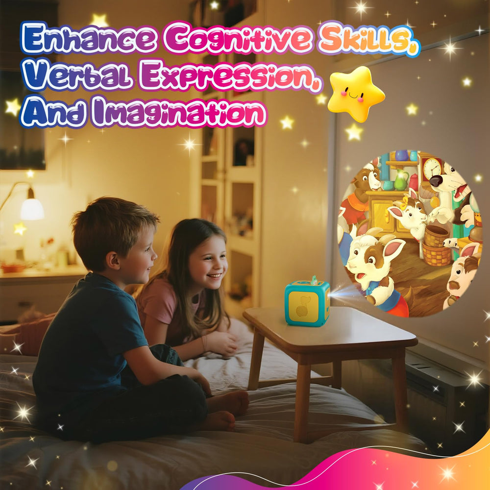 Vmiya Story Projector seven-color night light creates a gentle bedside glow.