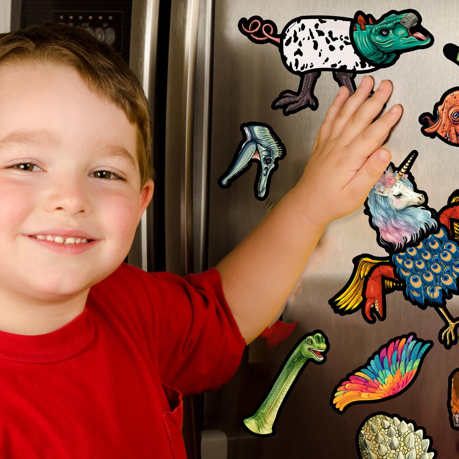VMNlooking magnetic fridge magnets showing assembly ideas for endless creature creation.