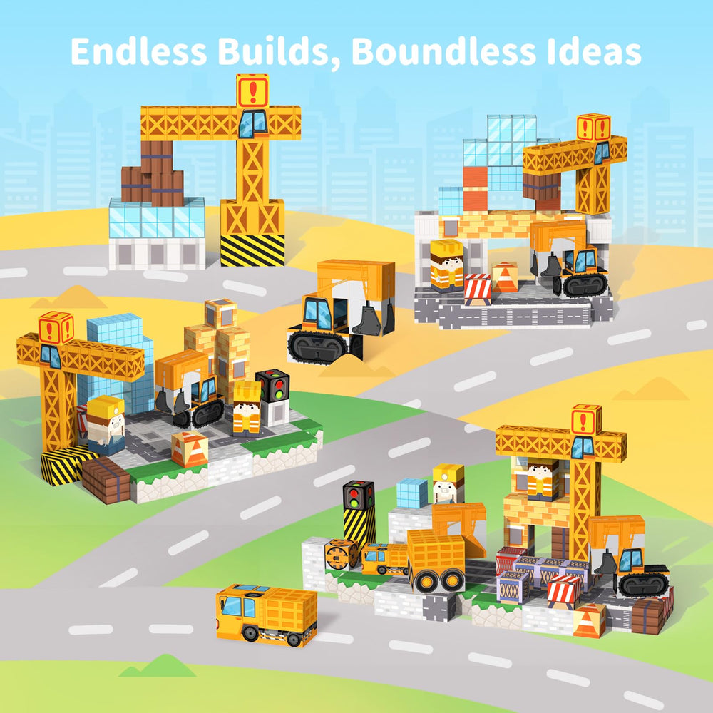 VNLINA magnetic blocks cranes and dump trucks showcase realistic construction play and fine motor skills