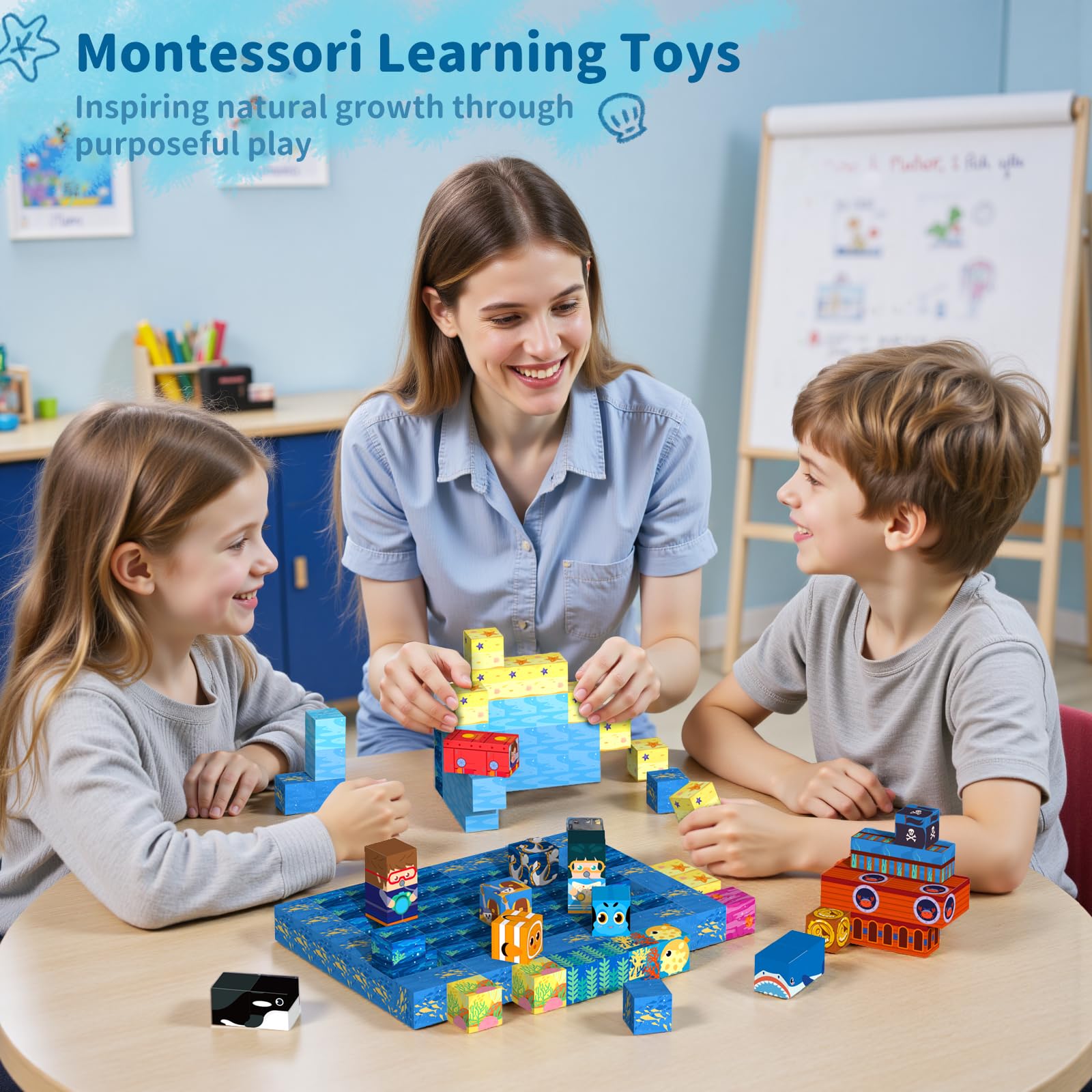 A child’s hands building with VNLINA magnets to encourage hands-on exploration