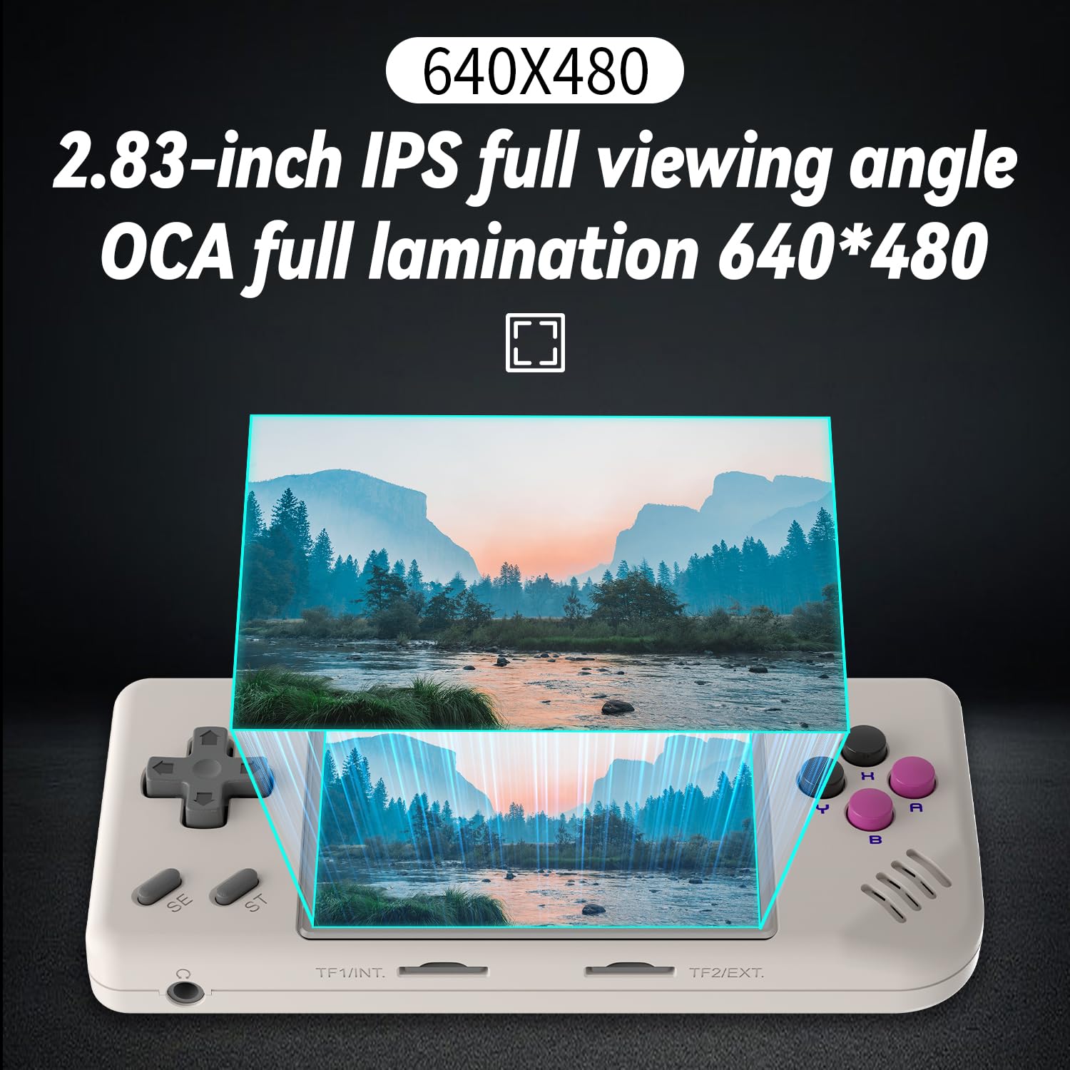 Voacle RG28XX with 64GB microSD slot emphasizing large built-in game library