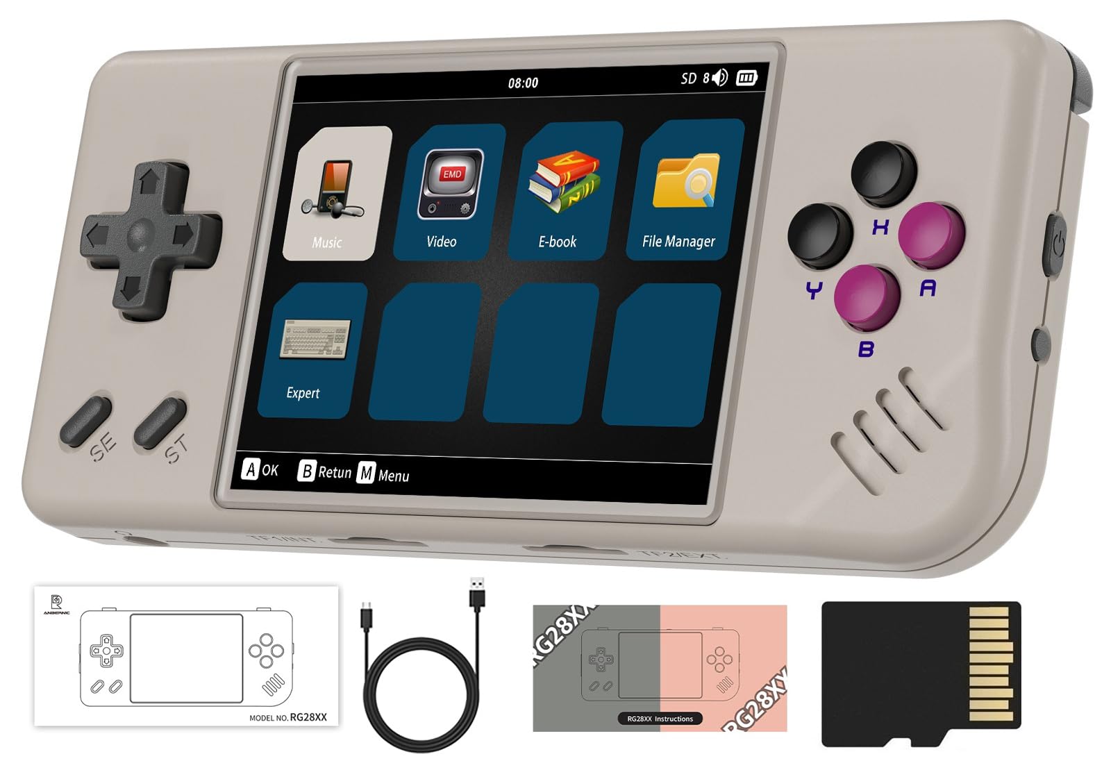 Voacle RG28XX front view showing compact retro handheld design for portable gaming