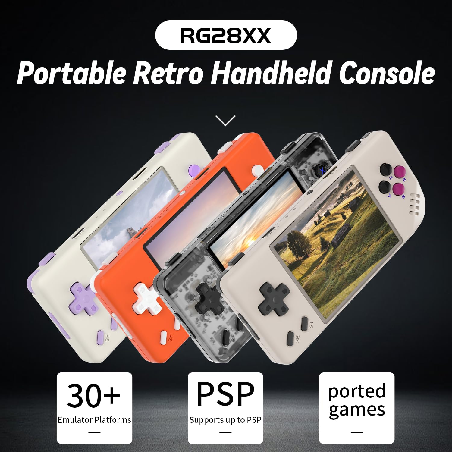 Voacle RG28XX IPS screen close-up highlighting crisp colors for retro graphics