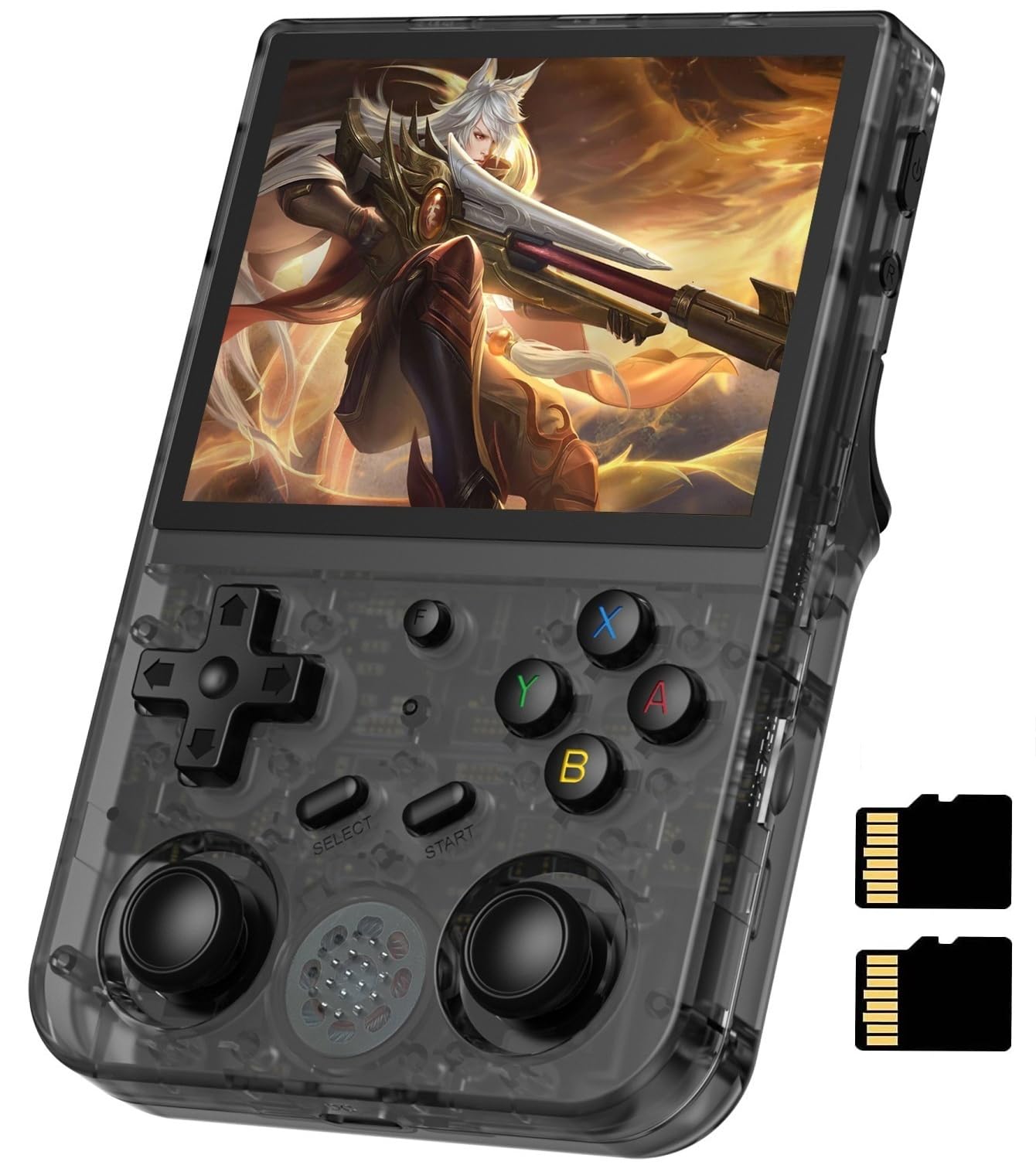 Voacle RG353V transparent black front view, compact retro handheld for gaming on the go