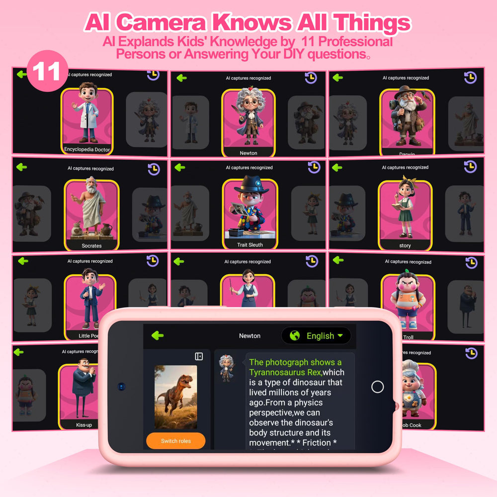 VOGBY AI Kids Camera pink display close-up with bright touch screen for creativity