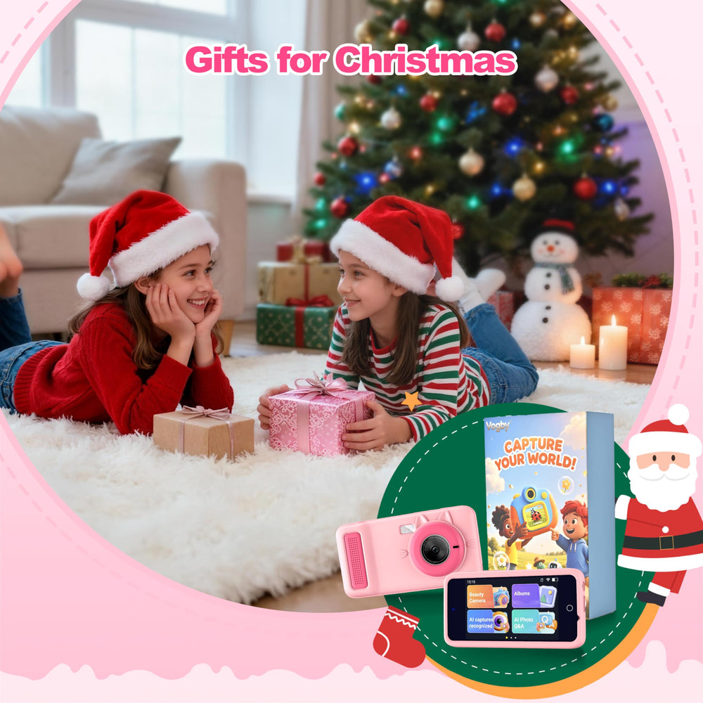VOGBY AI Kids Camera pink gift-set with strap and contents
