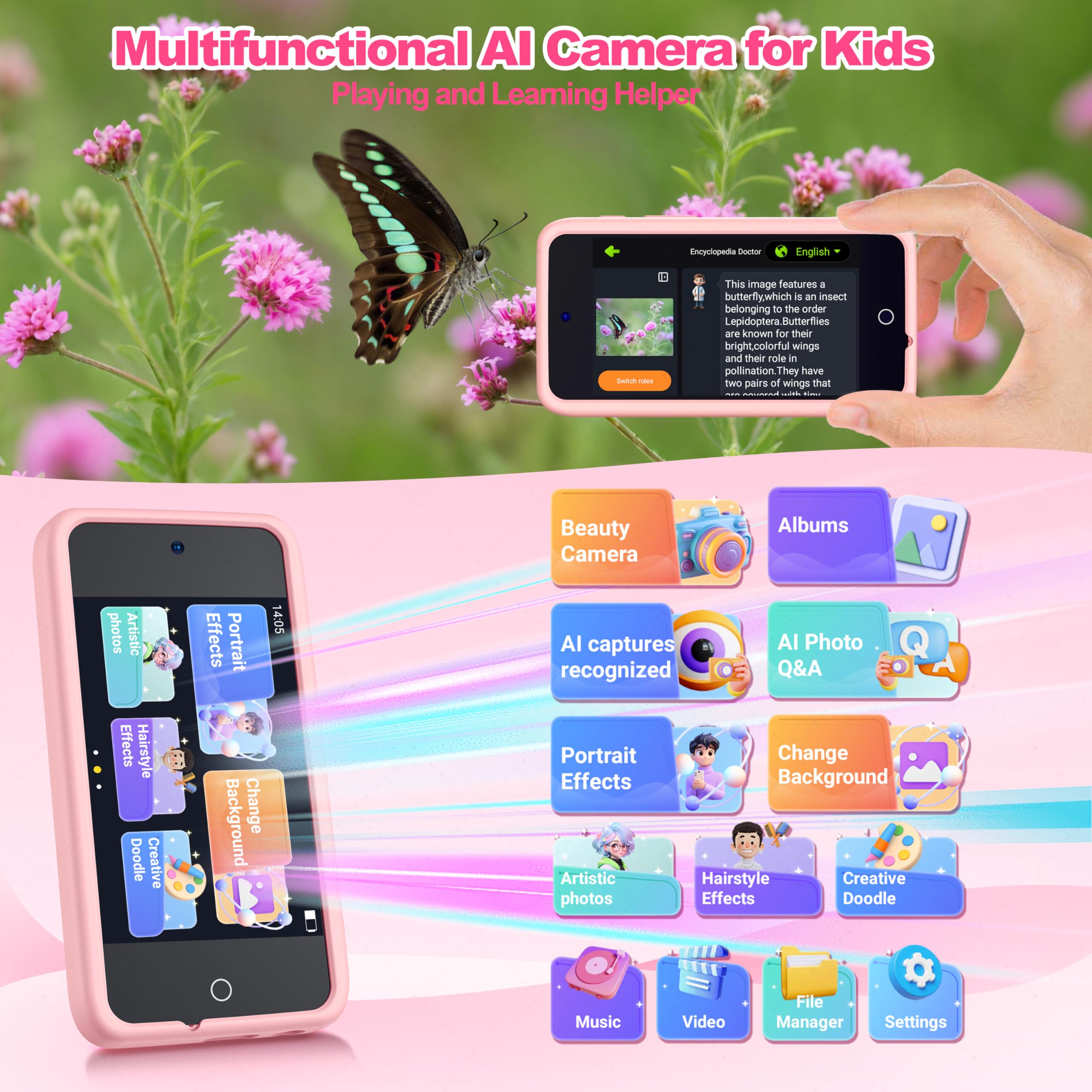 VOGBY AI Kids Camera pink side angle highlighting easy-grip body for children