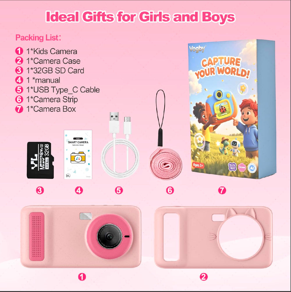 VOGBY AI Kids Camera pink user interface highlighting AI features for kids
