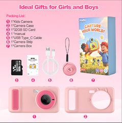 VOGBY AI Kids Camera pink user interface highlighting AI features for kids