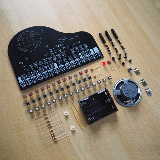 VOGURTIME DIY Piano Solder Kit close-up of keys and labeled pads for guided soldering