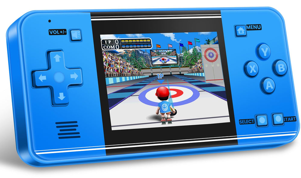 Voichic 32bit handheld console front view; comfortable grip for long kid-friendly play sessions.