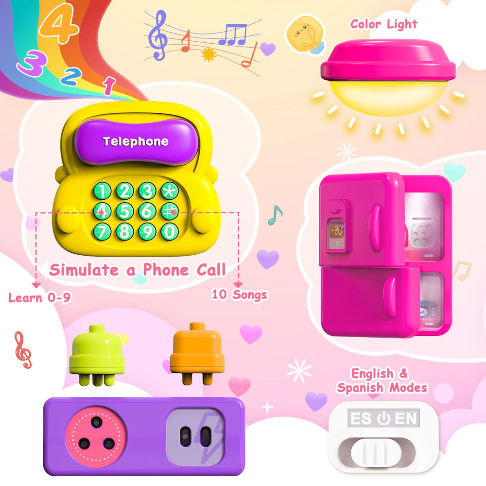 VOILBTOY Busy Board supports bilingual learning in English and Spanish.